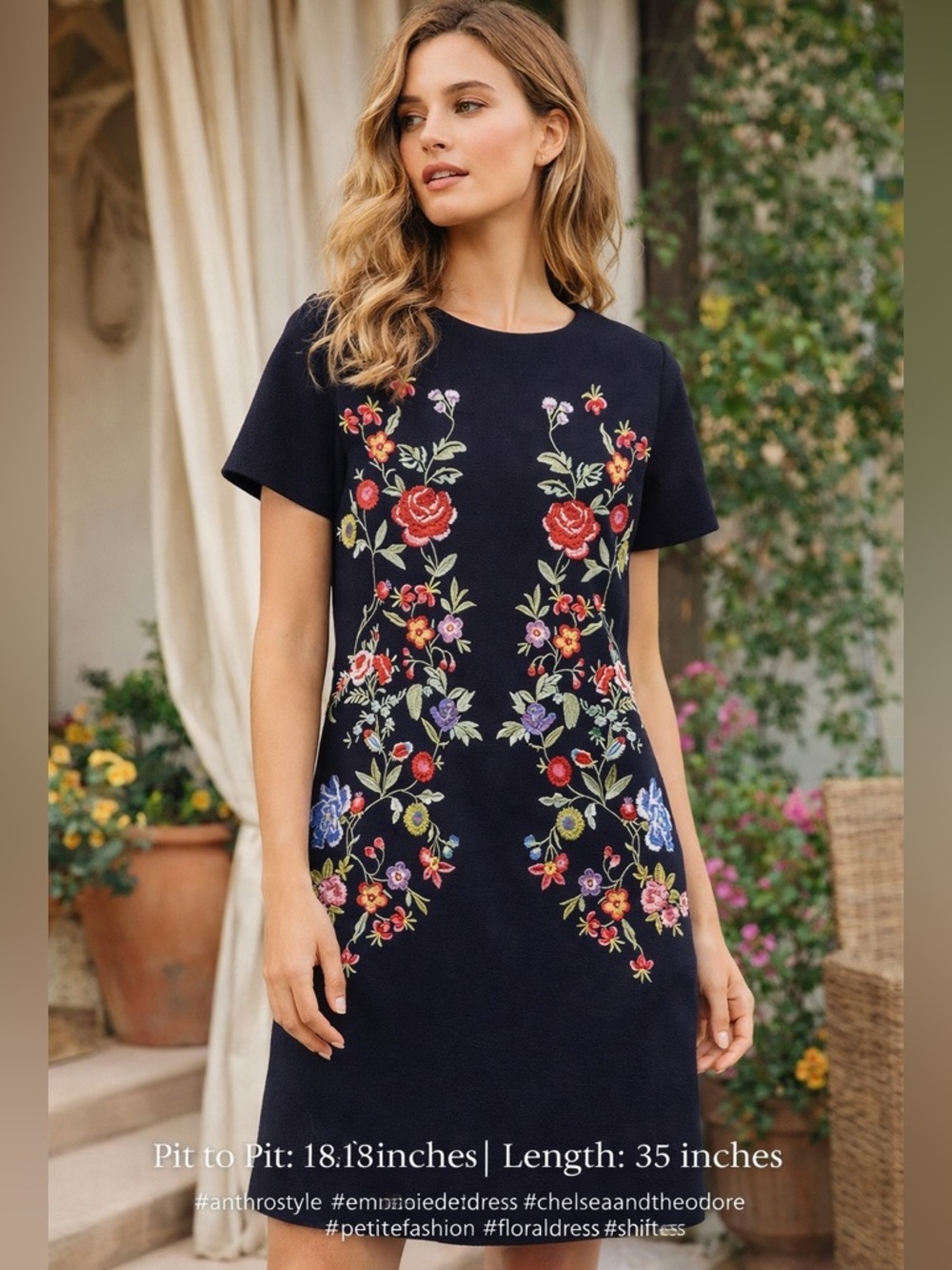 Chelsea & Theodore Black Mini Dress with Multicolor Floral Embroidery